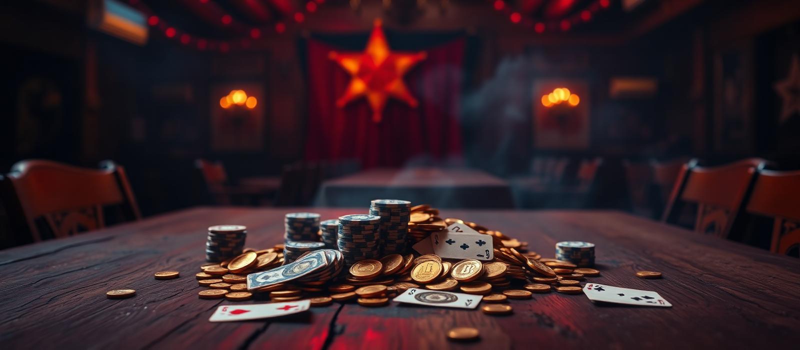 Spintexas Bonussen met gouden munten en speelkaarten op een saloontafel